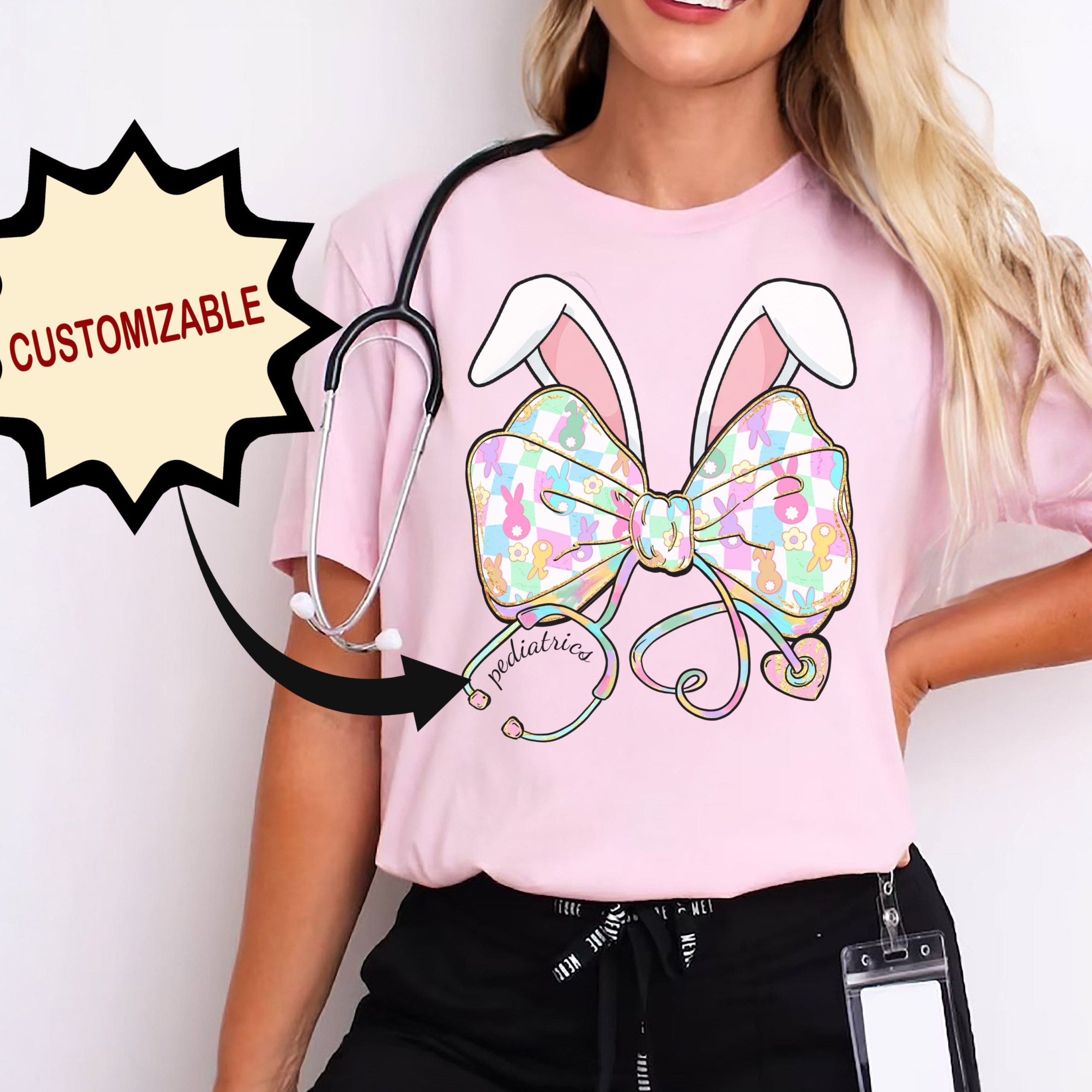AIOJFOI Custom Easter Bow with Stethoscope T-Shirt - Image 1