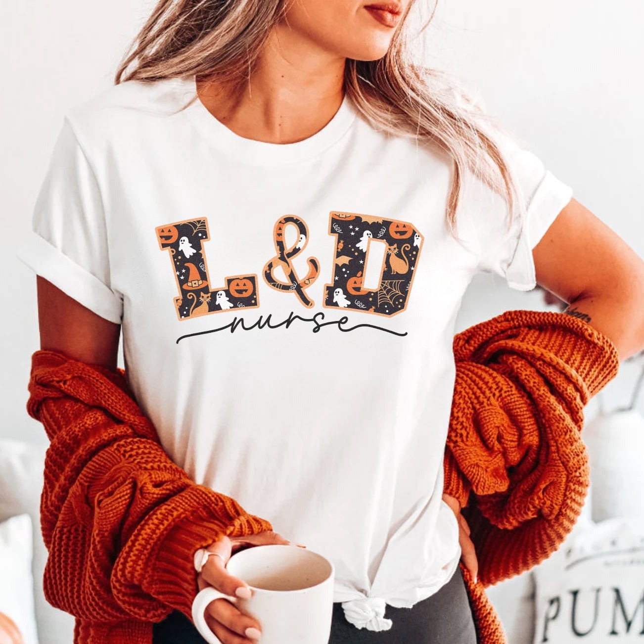 L_Dhalloweenfilledwhite L&D Nurse Halloween T-Shirt - Image 1