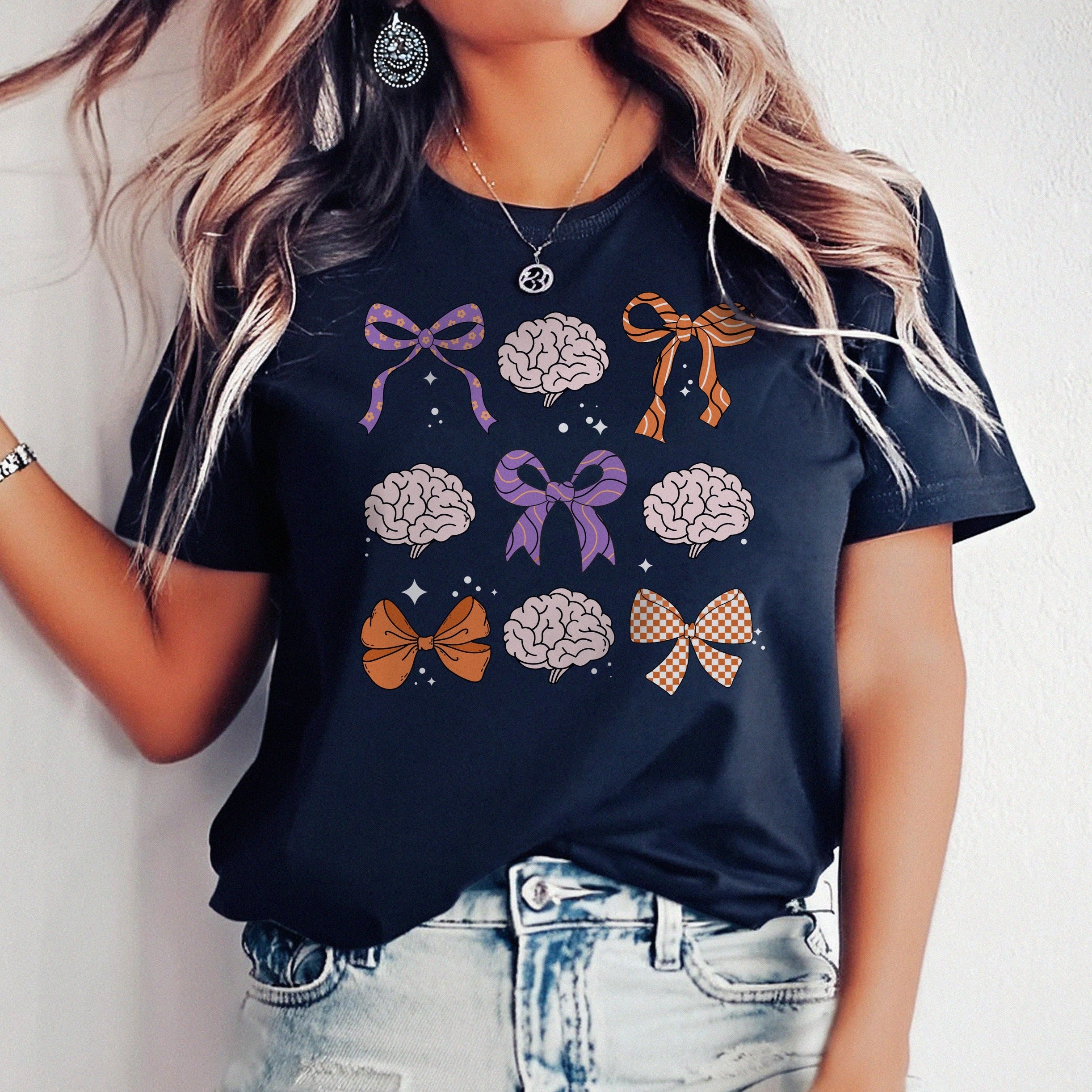 coquettebrainsnavy Bows & Brains Halloween T-Shirt - Image 1