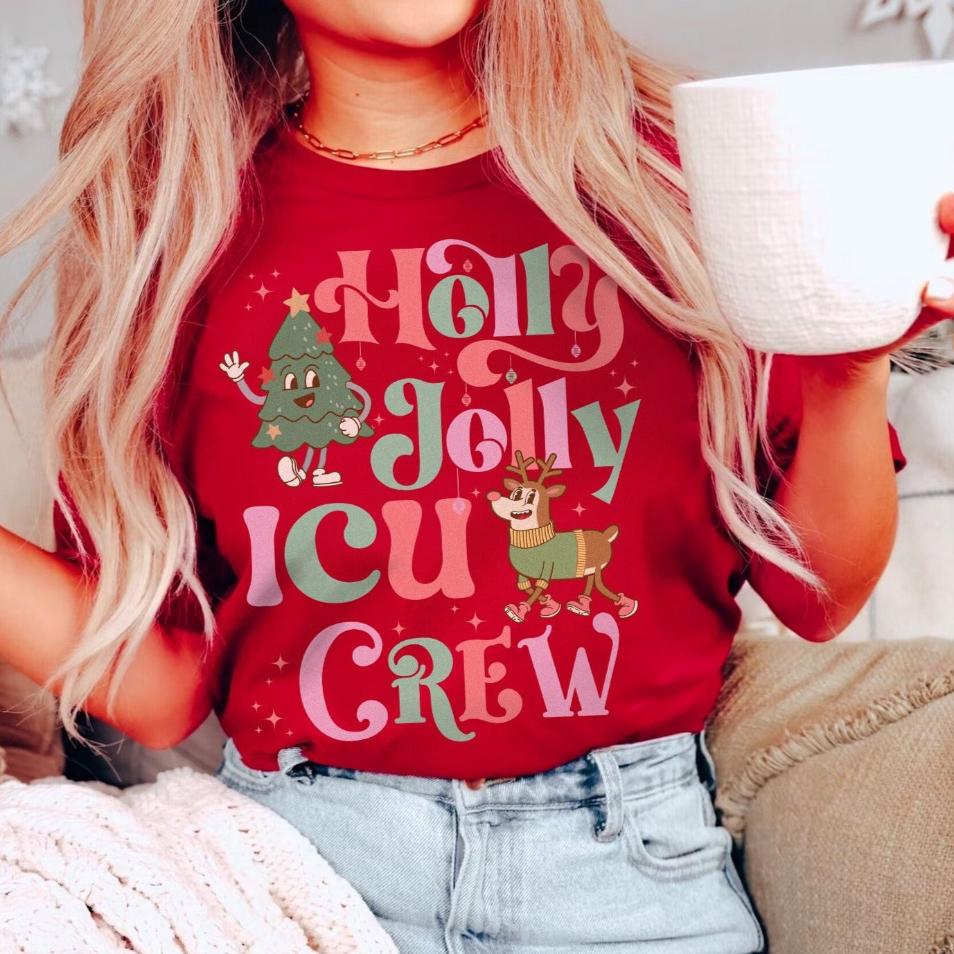 hollyjollyicucrewred Holly Jolly ICU Crew T-Shirt - Image 1