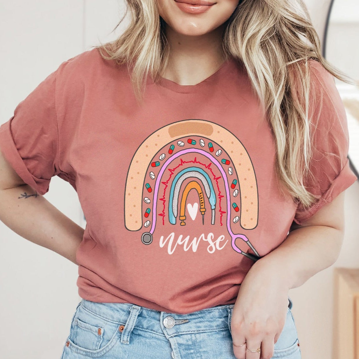 nurserainbowmauvemockup Nurse Rainbow T-Shirt - Image 1