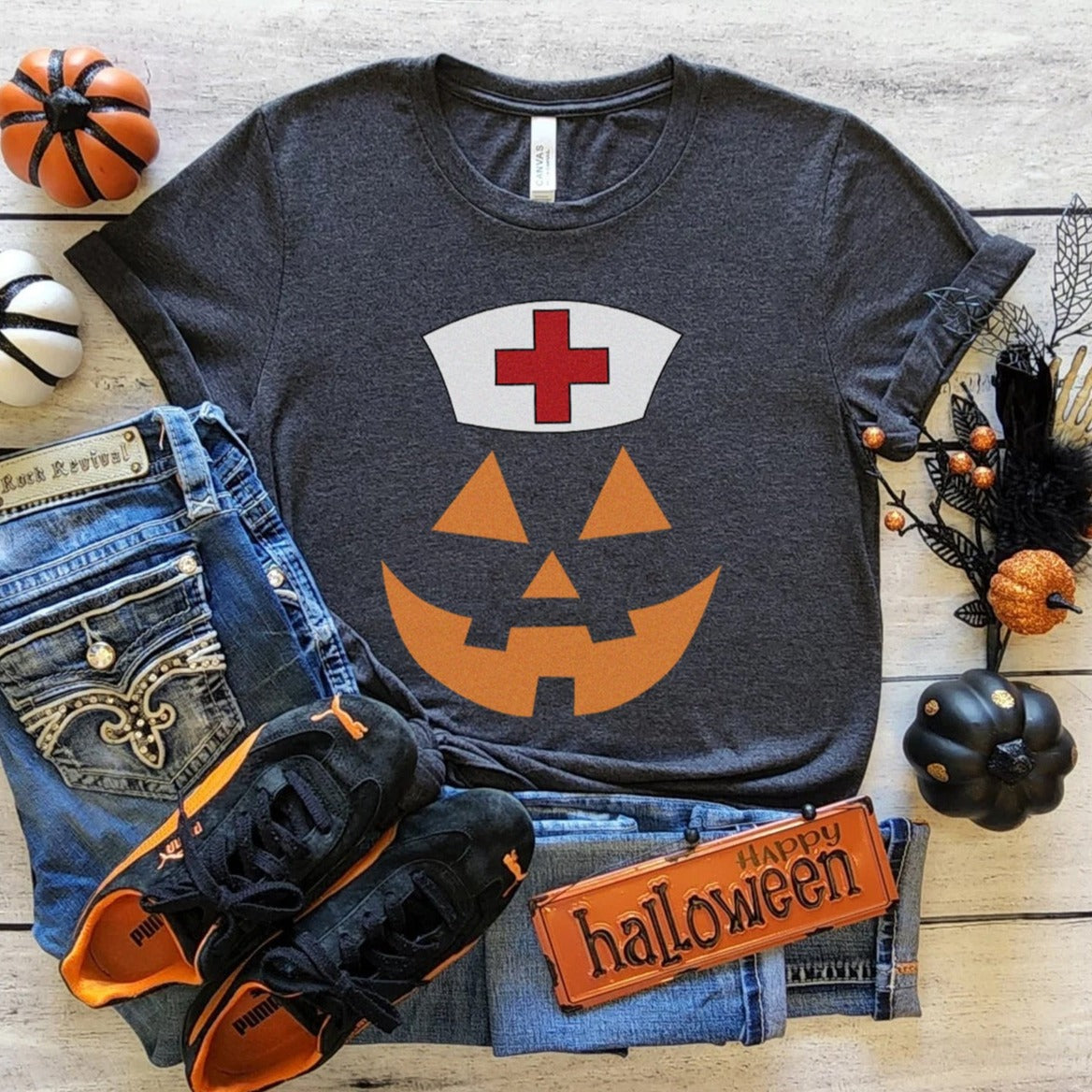 pumpkinfacenursedarkgray Jack-o-lantern Nurse T-Shirt - Image 1